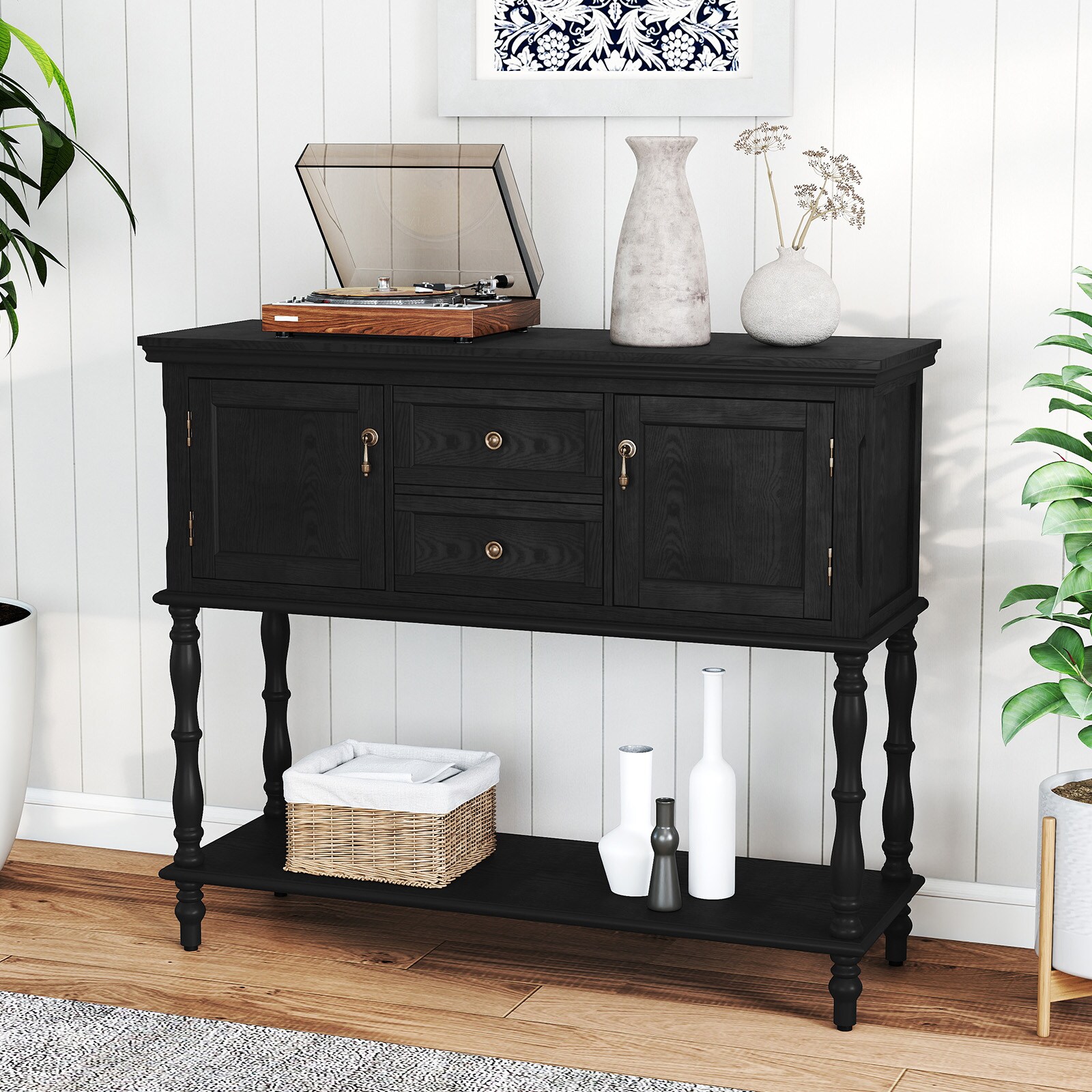 Retro Console Table With Storage, Narrow Entryway Table With 2 Drawers And 2 Door Cabinets, Long Sofa Table Behind Couch For Living Room, Foyer, Black_maomaolike.com